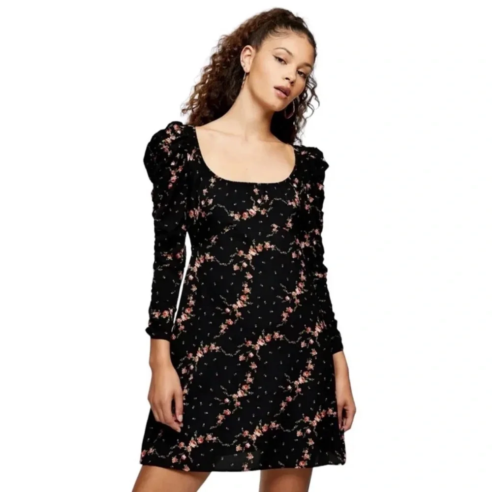 Topshop Black Floral Pink Ruched Long Sleeve Mini Dress size 6 - Picture 1 of 10